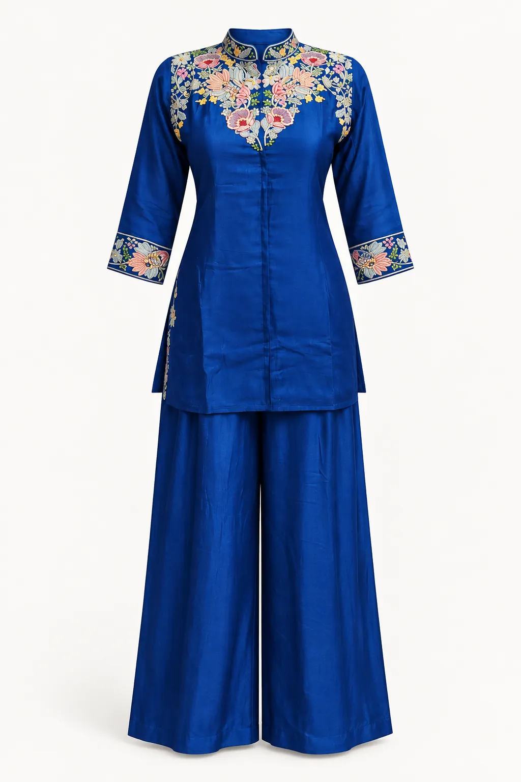Cobalt Floral Kurti with Palazzo — Full outfit, front view (studio image)