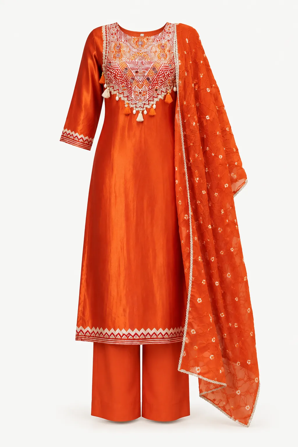 Rust White Motif Kurti Set — Full outfit, front view (studio image)
