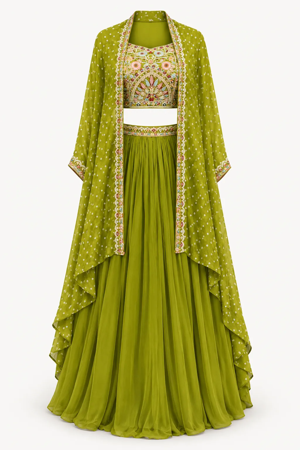 Olive Embroidered Lehenga — Full outfit, front view (studio image)