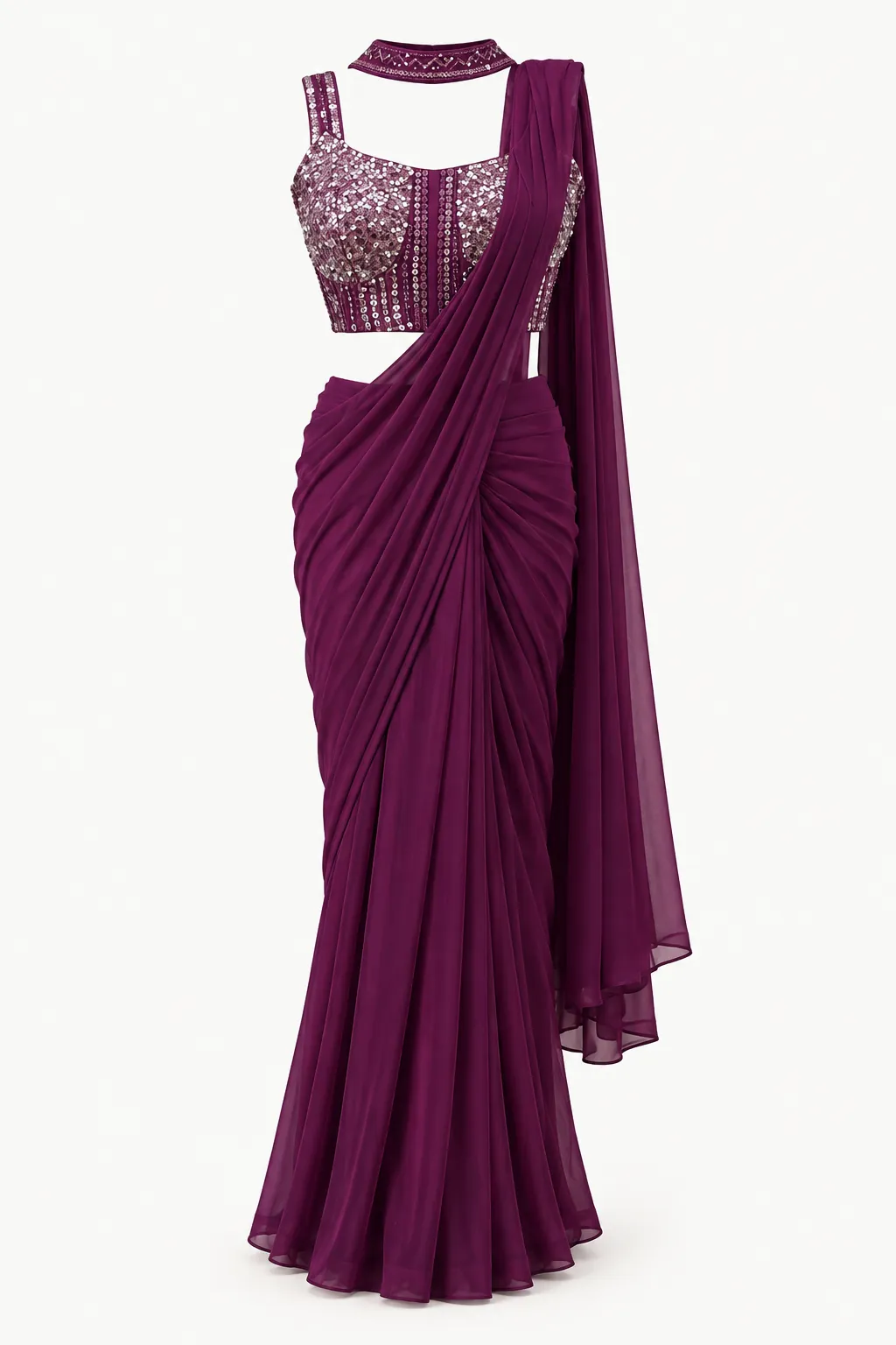 Plum Sequin Saree — Full outfit, front view (studio image)