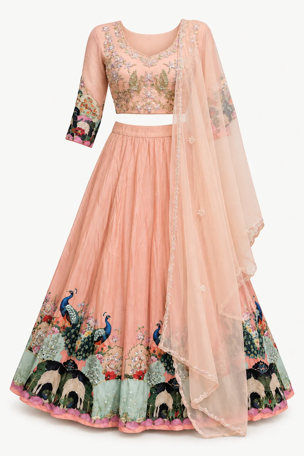Peach Peacock Lehenga — Full outfit, front view (studio image)