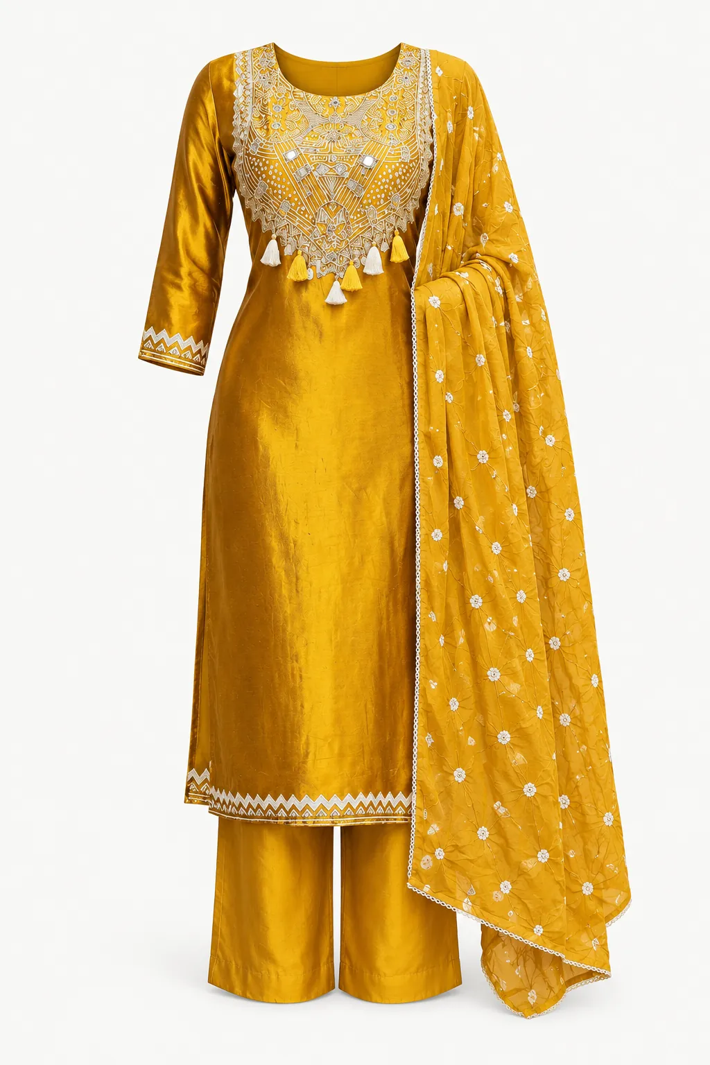 Mustard White Motif Kurti Set — Full outfit, front view (studio image)