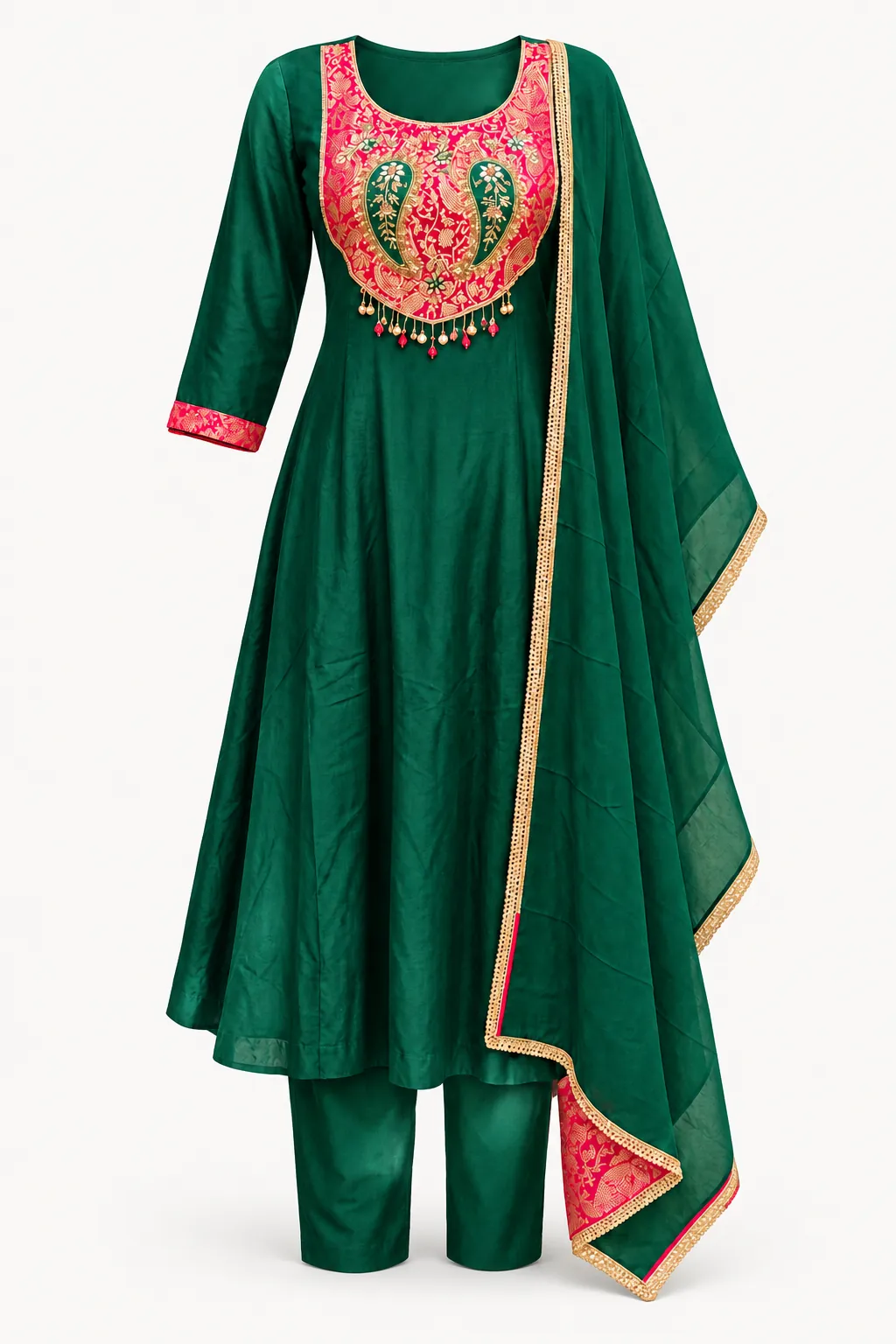 Emerald Pink Yoke Kurti Set — Full outfit, front view (studio image)