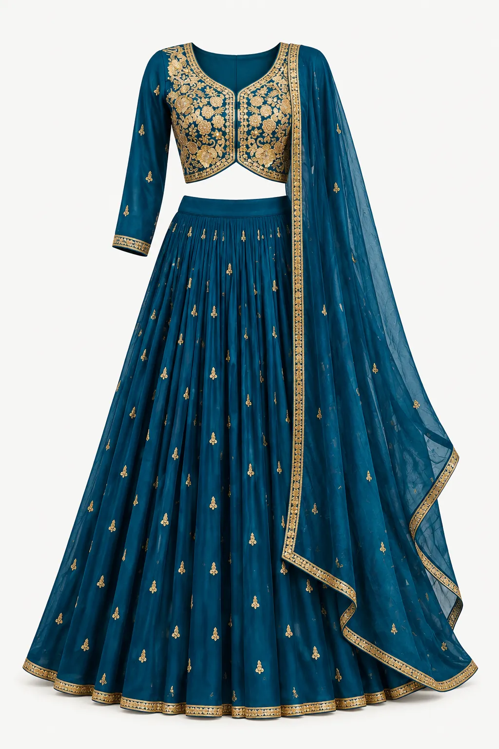 Teal Gold Lehenga — Full outfit, front view (studio image)
