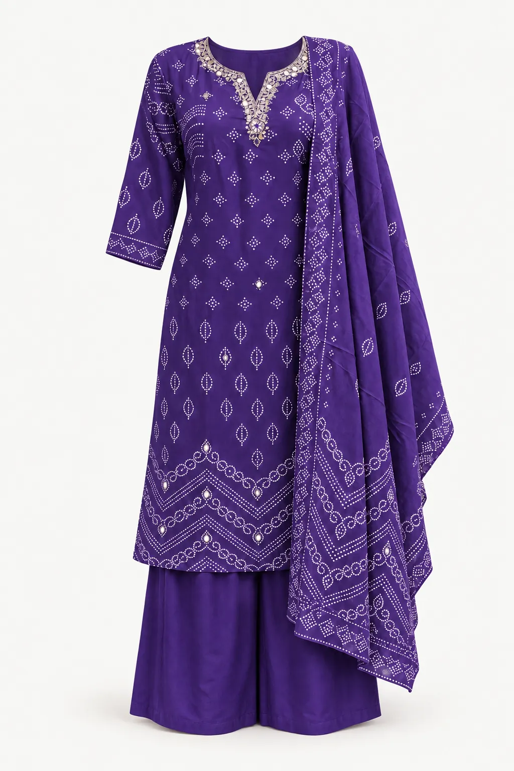 Purple Bandhani Kurti Set — Full outfit, front view (studio image)