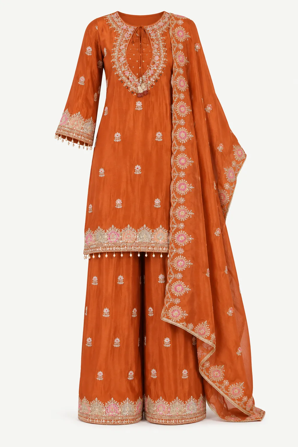 Copper Embroidered Kurti with Palazzo — Full outfit, front view (studio image)
