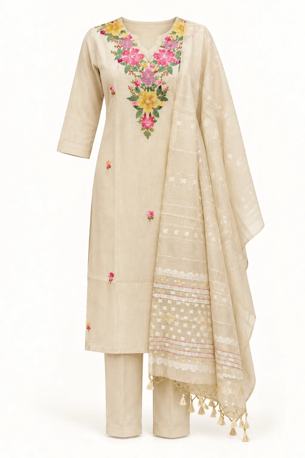 Ivory Floral Kurti Set — Full outfit, front view (studio image)