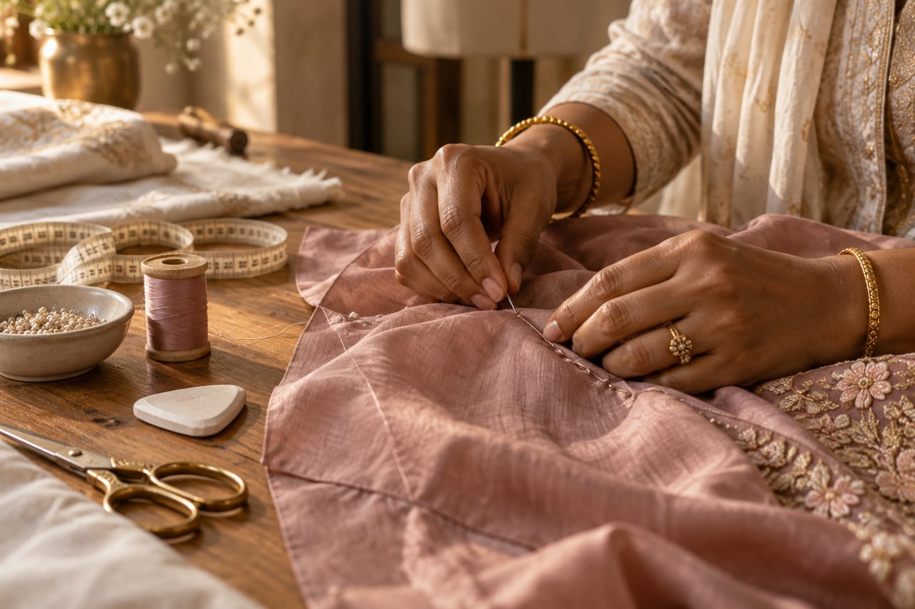 Hands stitching rose silk in the atelier